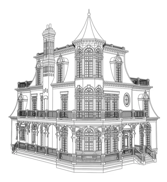 Starý dům ve viktoriánském stylu. Ilustrace na bílém pozadí. Černobílé ilustrace v vrstevnice. Druhy z různých stran. — Stockový vektor