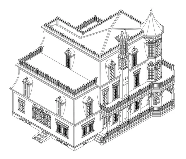 维多利亚风格的老房子。白色背景上的插图。轮廓线中的黑白插图。种类从不同的边. — 图库矢量图片