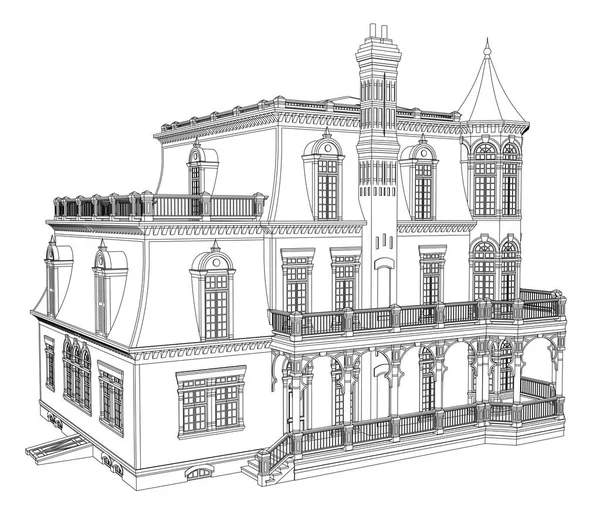 Vieille maison de style victorien. Illustration sur fond blanc. Illustration en noir et blanc dans les lignes de contour. Espèces de différents côtés . — Image vectorielle