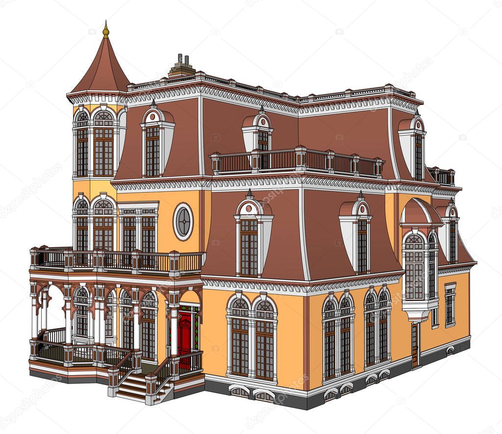 Old house in Victorian style. Illustration on white background. Species from different sides.