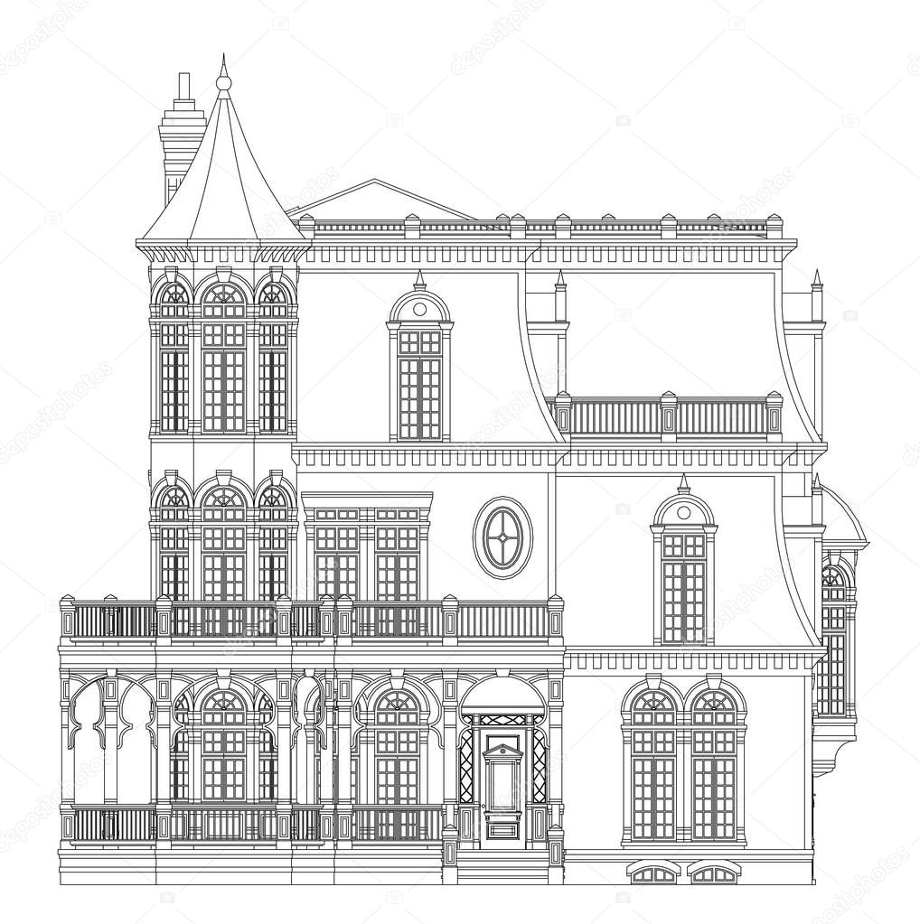 Old house in Victorian style. Illustration on white background. Black and white illustration in contour lines. Species from different sides.