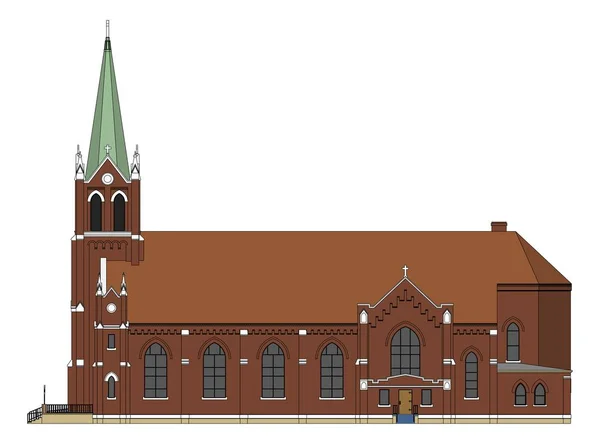 Byggnaden av den katolska kyrkan, utsikt från olika sidor. Tredimensionell illustration på vit bakgrund. — Stock vektor