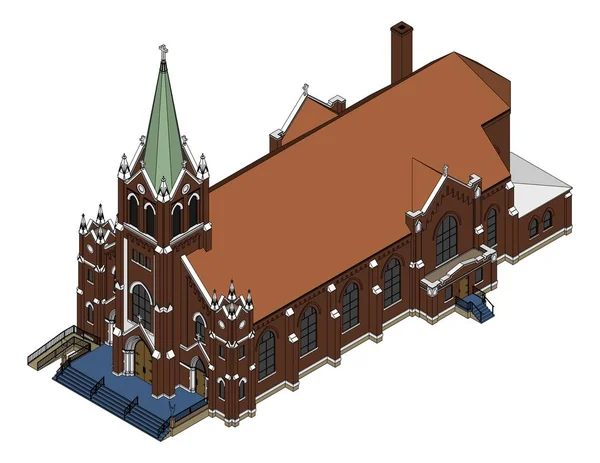 L'edificio della chiesa cattolica, vista da diversi lati. Illustrazione tridimensionale su sfondo bianco . — Vettoriale Stock