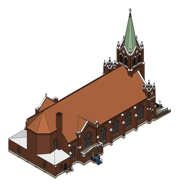 Het gebouw van de katholieke kerk, uitzicht vanuit verschillende kanten. Drie-dimensionale afbeelding op een witte achtergrond. — Stockvector