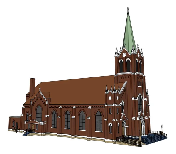 Budova katolické církve, pohledy z různých stran. Trojrozměrný obrázek na bílém pozadí. — Stockový vektor