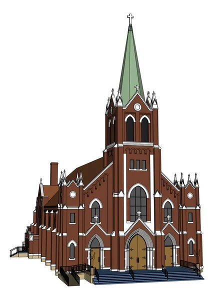 La construction de l'église catholique, vues de différents côtés. Illustration en trois dimensions sur fond blanc . — Image vectorielle