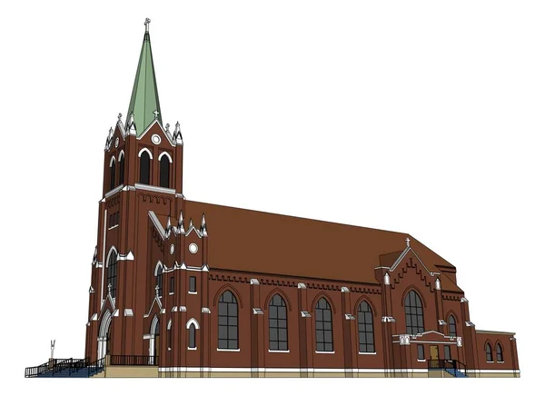 La construction de l'église catholique, vues de différents côtés. Illustration en trois dimensions sur fond blanc . — Image vectorielle