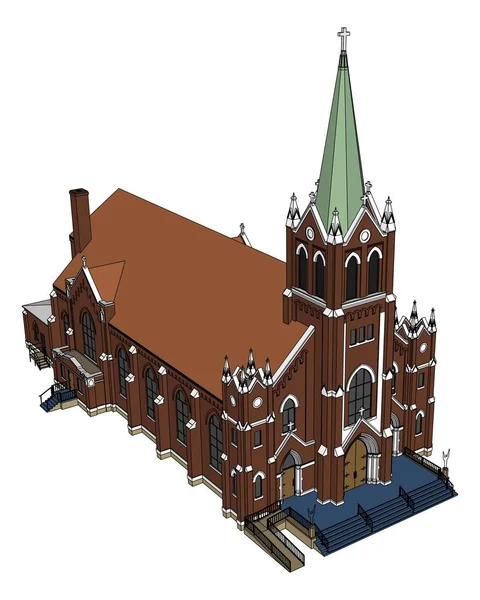 Der Bau der katholischen Kirche, Ansichten von verschiedenen Seiten. dreidimensionale Darstellung auf weißem Hintergrund. — Stockvektor