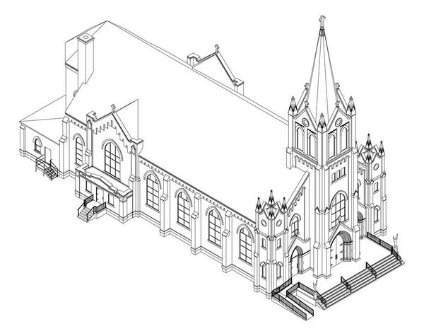 Der Bau der katholischen Kirche, Ansichten von verschiedenen Seiten. dreidimensionale Darstellung auf weißem Hintergrund. — Stockvektor