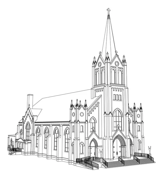 O edifício da igreja católica, vistas de lados diferentes. ilustração tridimensional sobre um fundo branco . — Vetor de Stock