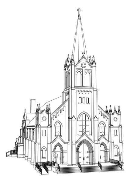 Bygningen av den katolske kirke, utsikt fra ulike sider. Tredimensjonal illustrasjon på hvit bakgrunn . – stockvektor