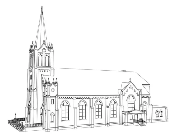 La construction de l'église catholique, vues de différents côtés. Illustration en trois dimensions sur fond blanc . — Image vectorielle