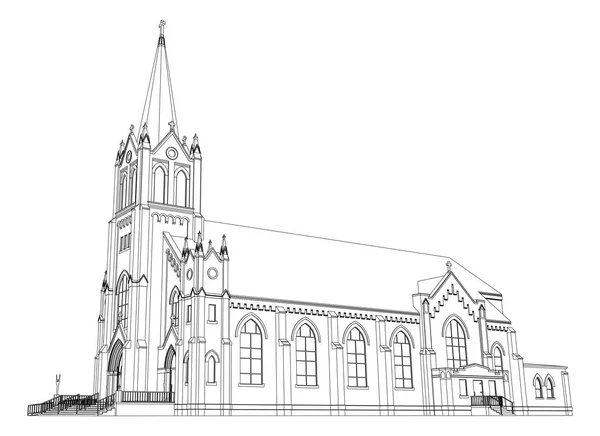 El edificio de la iglesia católica, vistas desde diferentes lados. Ilustración tridimensional sobre fondo blanco . — Archivo Imágenes Vectoriales