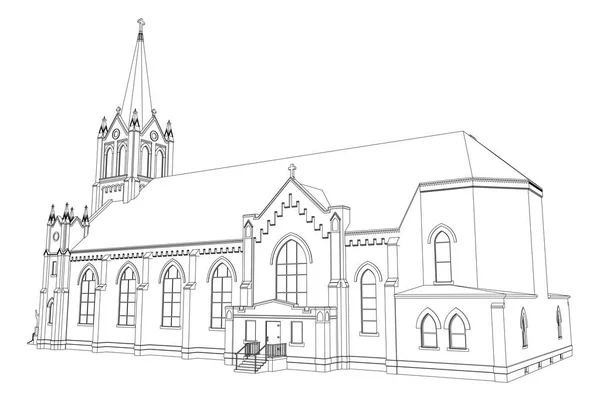 Katolisen kirkon rakennus, näkymät eri puolilta. Kolmiulotteinen kuva valkoisella pohjalla . — vektorikuva