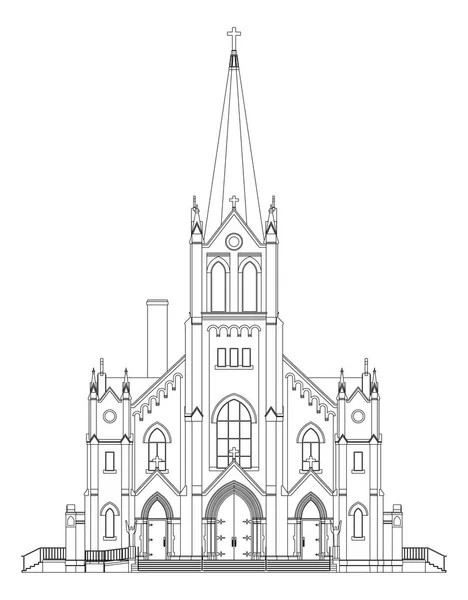 L'edificio della chiesa cattolica, vista da diversi lati. Illustrazione tridimensionale su sfondo bianco . — Vettoriale Stock