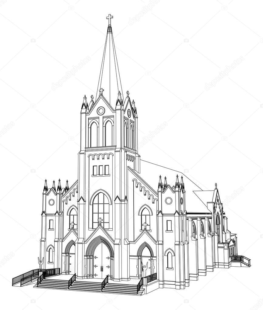 The building of the Catholic church, views from different sides. Three-dimensional illustration on a white background.