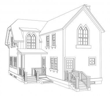 Victoria tarzı eski evde. Resimde beyaz arka plan üzerinde. Siyah ve beyaz illüstrasyon kontur satırlarındaki. Farklı türlerden.