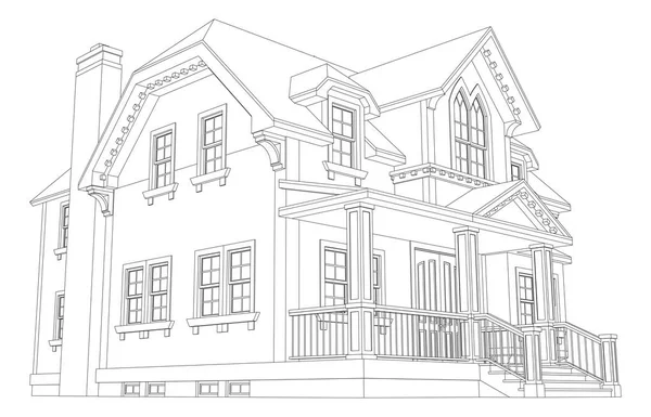 Παλιό σπίτι σε βικτοριανό στιλ. Εικονογράφηση σε άσπρο φόντο. Μαύρο και λευκό εικόνα με ισοϋψείς καμπύλες. Είδη από διάφορες πλευρές. — Διανυσματικό Αρχείο