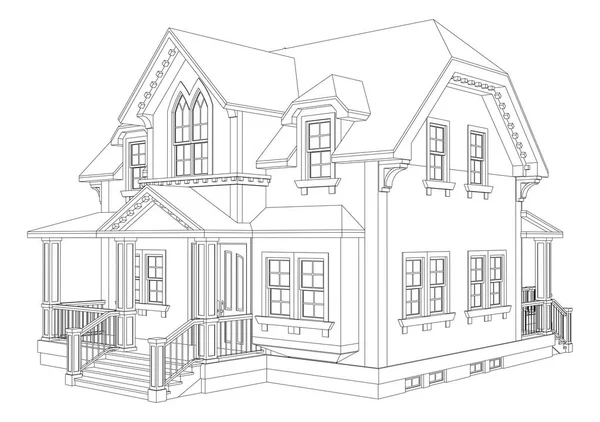 ビクトリア朝様式の古い家。白い背景の上の図。輪郭線の黒と白のイラスト。さまざまな側面から種. — ストックベクタ