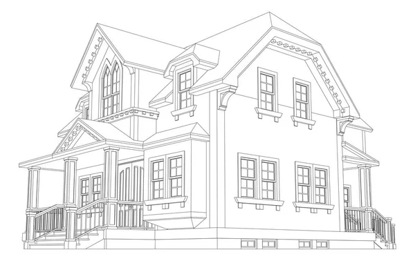 Antigua casa de estilo victoriano. Ilustración sobre fondo blanco. Ilustración en blanco y negro en líneas de contorno. Especies de diferentes lados . — Vector de stock