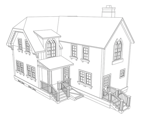 Oud huis in Victoriaanse stijl. Illustratie op witte achtergrond. Zwart-wit afbeelding in contour lijnen. Soorten van verschillende kanten. — Stockvector