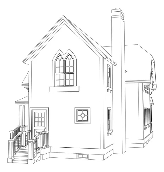 Oud huis in Victoriaanse stijl. Illustratie op witte achtergrond. Zwart-wit afbeelding in contour lijnen. Soorten van verschillende kanten. — Stockvector