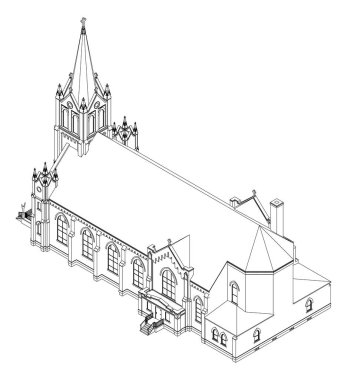 Binayı Katolik Kilisesi'nin sayısı farklı iki tarafın. Beyaz zemin üzerinde üç boyutlu çizim.