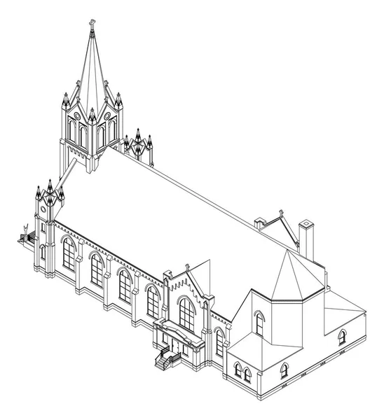 Budynek Kościoła katolickiego, widoki z różnych stron. Trójwymiarowa ilustracja na białym tle. — Wektor stockowy