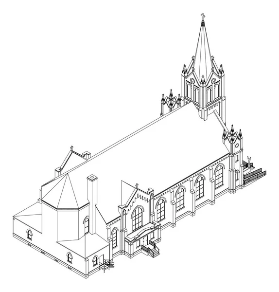 Byggnaden av den katolska kyrkan, utsikt från olika sidor. Tredimensionell illustration på vit bakgrund. — Stock vektor