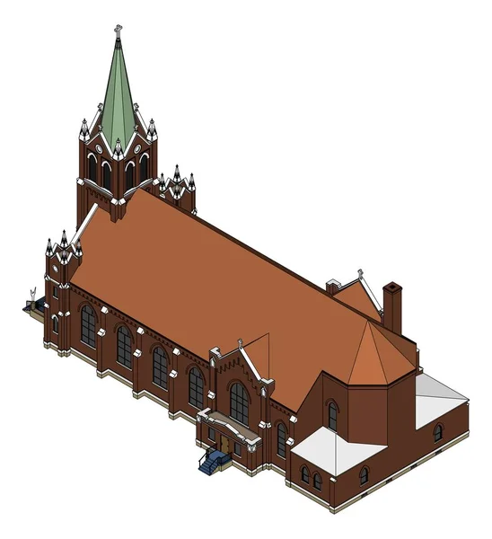El edificio de la iglesia católica, vistas desde diferentes lados. Ilustración tridimensional sobre fondo blanco . — Vector de stock