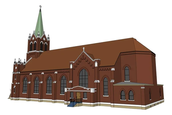 Az épületet a katolikus egyház, nézetek különböző oldalról. Háromdimenziós ábra, meg fehér háttéren. — Stock Vector