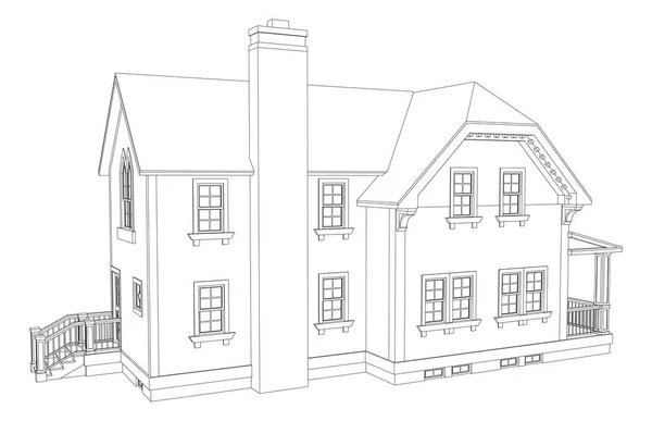 Oud huis in Victoriaanse stijl. Illustratie op witte achtergrond. Zwart-wit afbeelding in contour lijnen. Soorten van verschillende kanten. — Stockvector