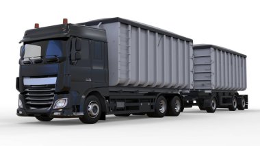 Büyük siyah kamyon nakliye tarım ve bina hacim materyalleri ve ürünleri için ayrı römork ile. 3D render.