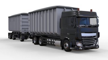 Büyük siyah kamyon nakliye tarım ve bina hacim materyalleri ve ürünleri için ayrı römork ile. 3D render.