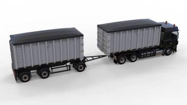 Büyük siyah kamyon nakliye tarım ve bina hacim materyalleri ve ürünleri için ayrı römork ile. 3D render.