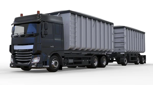 Großer schwarzer LKW mit separatem Anhänger für den Transport von landwirtschaftlichen und Baumaterialien und Produkten. 3D-Darstellung. — Stockfoto