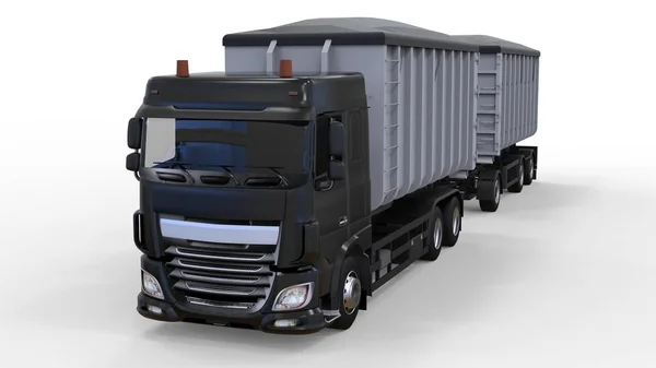 Duża ciężarówka czarny z oddzielnym przyczepy do transportu materiałów sypkich rolniczych i budowlanych oraz produktów. renderowania 3D. — Zdjęcie stockowe