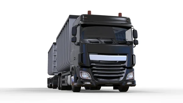 Großer schwarzer LKW mit separatem Anhänger für den Transport von landwirtschaftlichen und Baumaterialien und Produkten. 3D-Darstellung. — Stockfoto