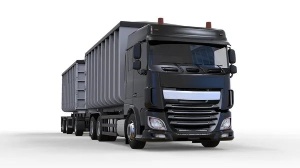 Grande caminhão preto com reboque separado, para o transporte de materiais e produtos agrícolas e de construção a granel. Renderização 3d . — Fotografia de Stock
