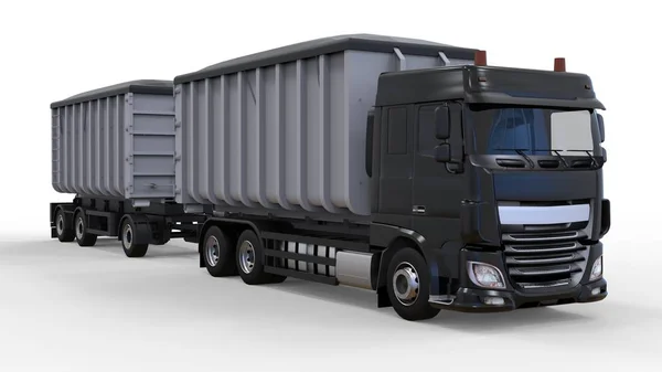 Большой черный грузовик с отдельным прицепом, для перевозки сельскохозяйственных и строительных сыпучих материалов и продукции. 3d-рендеринг . — стоковое фото