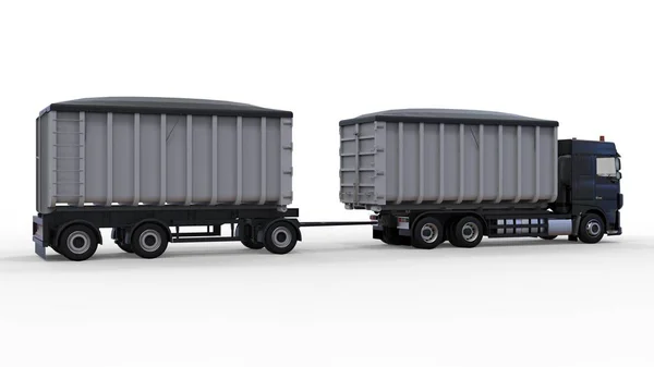 Großer schwarzer LKW mit separatem Anhänger für den Transport von landwirtschaftlichen und Baumaterialien und Produkten. 3D-Darstellung. — Stockfoto