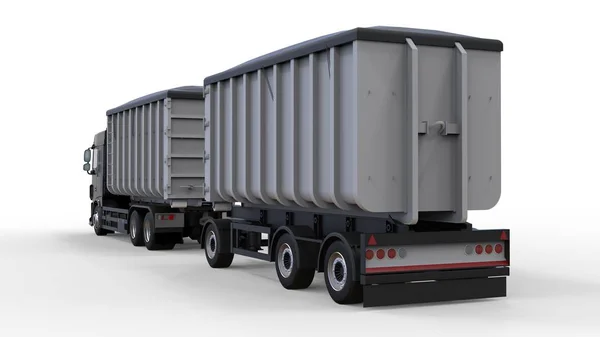농업과 건축 대량 재료 및 제품의 운송에 대 한 별도 트레일러와 함께 큰 검은 트럭. 3 차원 렌더링. — 스톡 사진