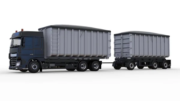 Gran camión negro con remolque separado, para el transporte de materiales y productos agrícolas y de construcción a granel. renderizado 3d . — Foto de Stock