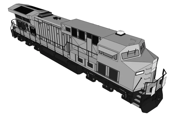Moderna locomotiva ferroviaria diesel con grande potenza e resistenza per lo spostamento di treni ferroviari lunghi e pesanti. Illustrazione vettoriale con linee di contorno . — Vettoriale Stock