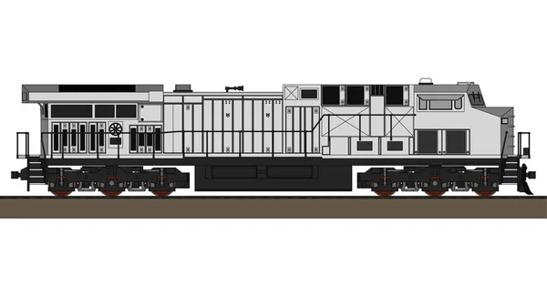 Locomotiva ferroviária diesel moderna com grande potência e força para mover trem ferroviário longo e pesado. Ilustração vetorial com linhas de traçado . — Vetor de Stock