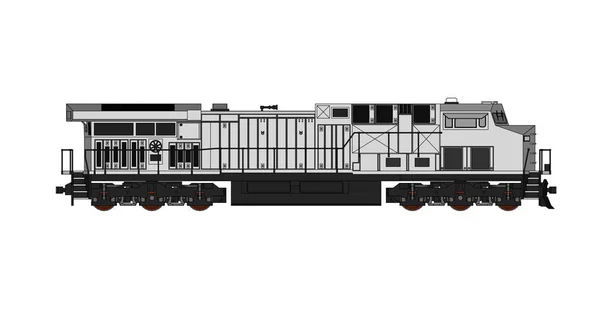 Locomotiva ferroviária diesel moderna com grande potência e força para mover trem ferroviário longo e pesado. Ilustração vetorial com linhas de traçado . —  Vetores de Stock