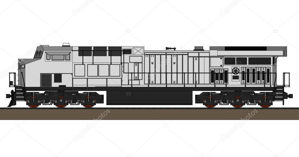 Modern diesel railway locomotive with great power and strength for moving long and heavy railroad train. Vector illustration with outline stroke lines.