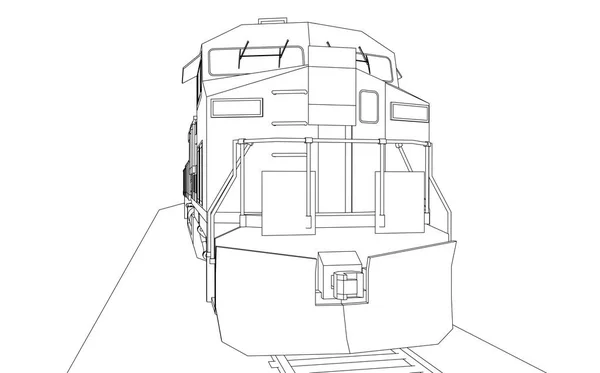 Moderna locomotora de ferrocarril diesel con gran potencia y resistencia para el movimiento de trenes largos y pesados. Ilustración vectorial con líneas de trazo de contorno . — Vector de stock