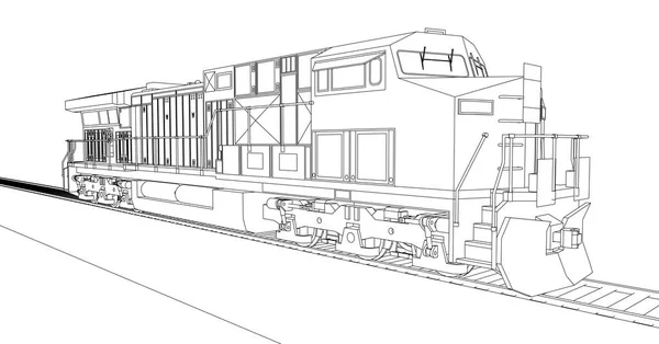 Locomotiva ferroviária diesel moderna com grande potência e força para mover trem ferroviário longo e pesado. Ilustração vetorial com linhas de traçado . — Vetor de Stock