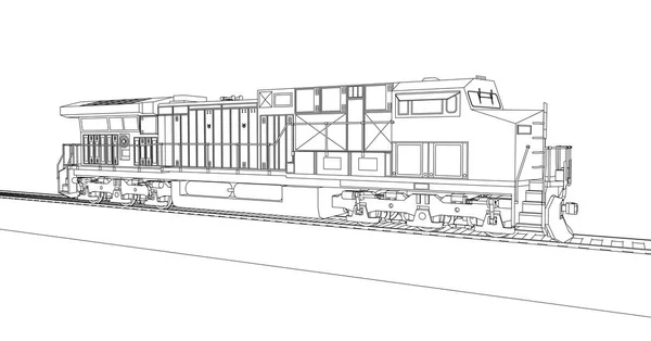 Moderne Diesellokomotive mit großer Kraft und Kraft für den Transport von langen und schweren Eisenbahnzügen. Vektor-Illustration mit Umrissen von Strich-Linien. — Stockvektor